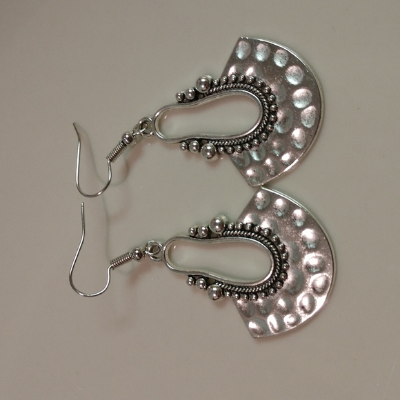 Jewelry - Hammered Dangle Earrings Silver-tone Fishhook 2" Drop Southwestern Boho